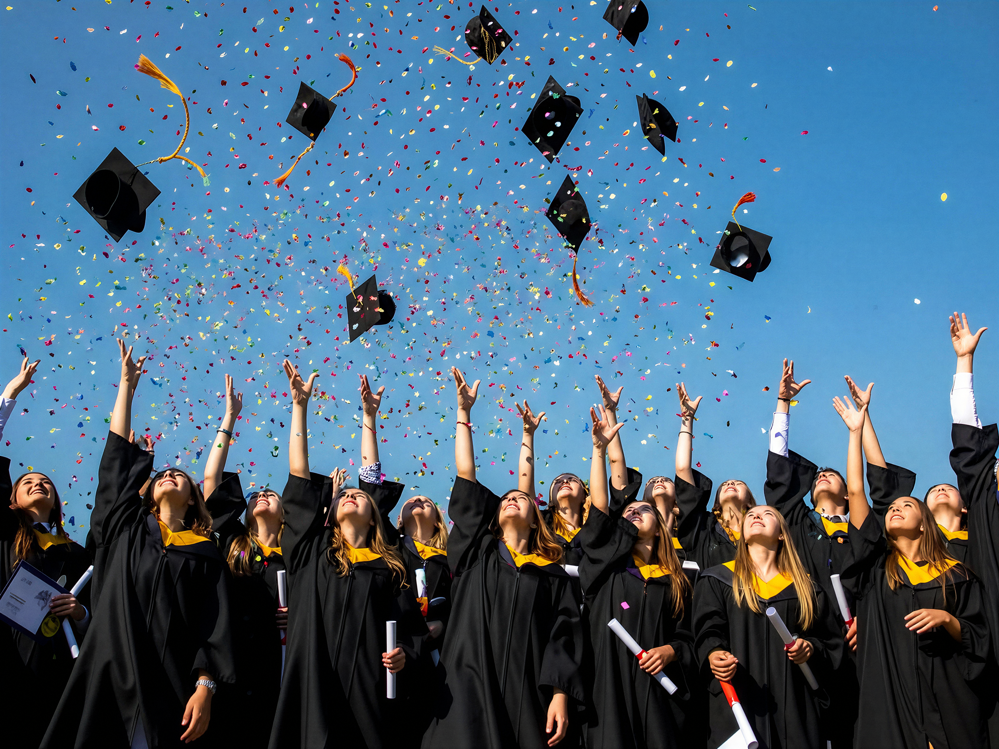 Graduates throwing their caps into the air