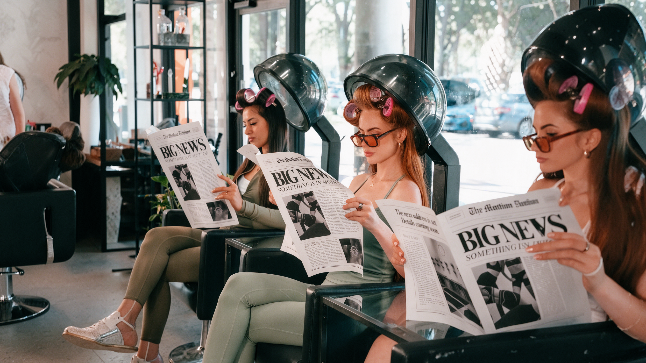 Three women under hood dryers at a hair salon